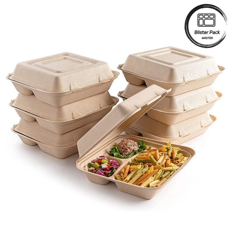 Blister Eco Kompostowalny Clamshell 3 Kompact Jednorazowy pudełko na obiad Bagasse z trzciny cukrowej